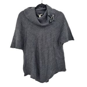 Dana Buckman Cowl Poncho Sweater Top S Gray Leather Metal Detail Textured‎